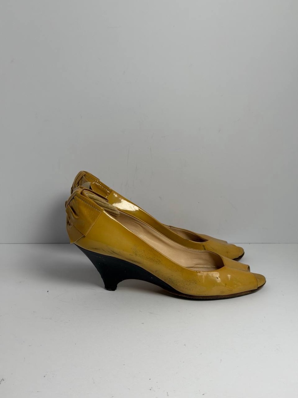 Vintage Prada Yellow Patent Leather Peep-Toe Pumps Size 35